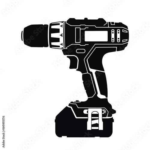 Black and white outline of a cordless drill power tool construction equipment DIY home improvement project industrial tool hand drill vector illustration isolated on white background