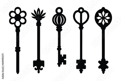 Collection of ornate vintage skeleton keys in silhouette
