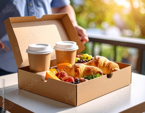 Takeout coffee cups and a fresh breakfast croissant with fruits in a brown cardboard box on a table outdoors du a sunny day with green foliage in background
