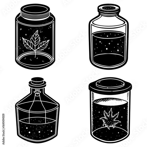 Illustration of four different jars with various contents including leaves and starry liquid inside them