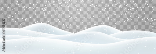 Vector heavy snowfall with snowbanks field. Snow landscape decoration, frozen hills isolated on png background. Snow flakes, snow and blizzard falling on snowdrifts. Christmas vector illustration