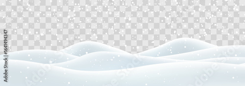 Vector heavy snowfall with snowbanks field. Snow landscape decoration, frozen hills isolated on png background. Snow flakes, snow and blizzard falling on snowdrifts. Christmas vector illustration
