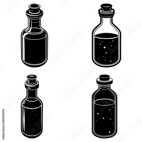Four vintage potion bottles filled with different liquids in a monochrome black and white illustration