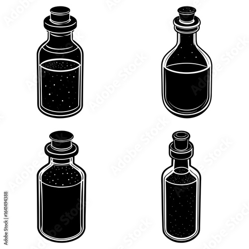 Four potion bottles with different liquids and corks in black and white isometric illustration style art