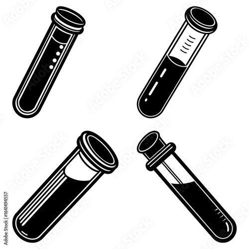 Illustration of four test tubes filled with different substances in a black and white design style