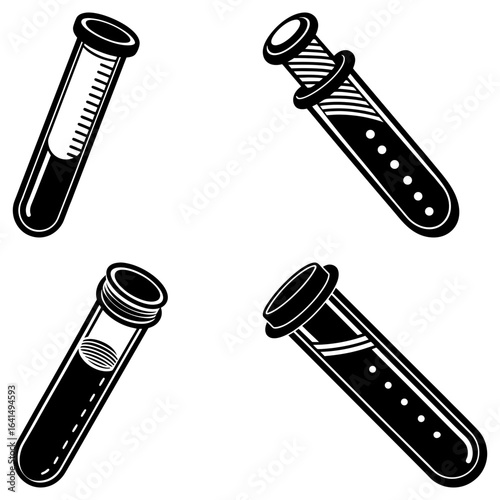 Illustration of four test tubes filled with different liquids in a black and white color scheme