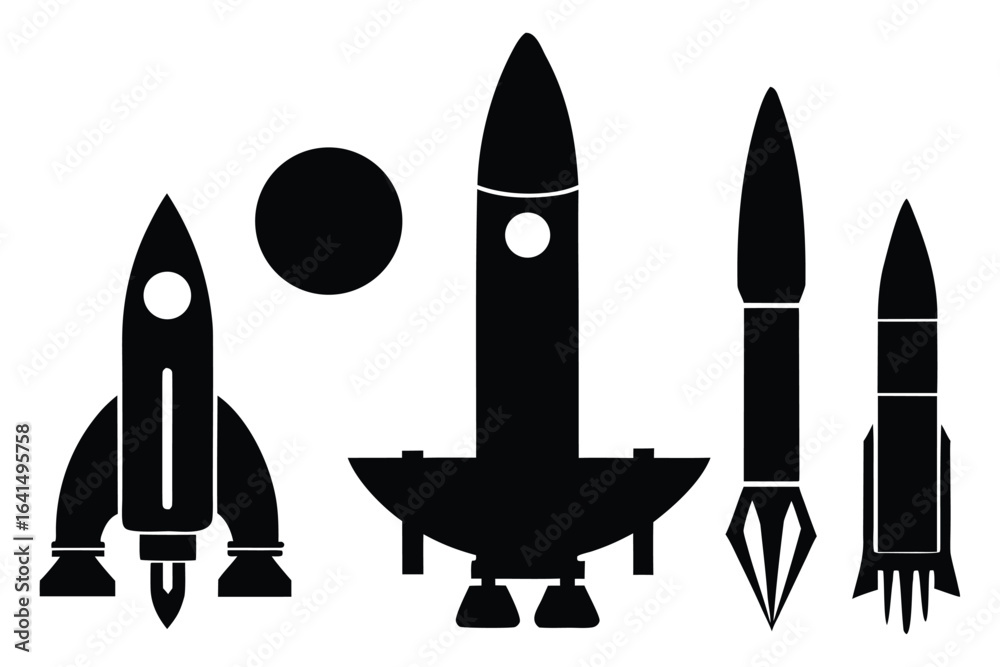 Collection of black rocket silhouettes with a planet Collection of black rocket silhouettes with a planet