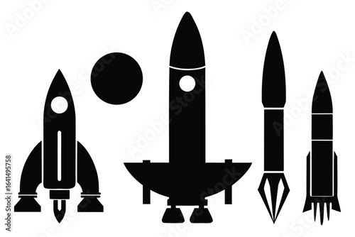 Collection of black rocket silhouettes with a planet