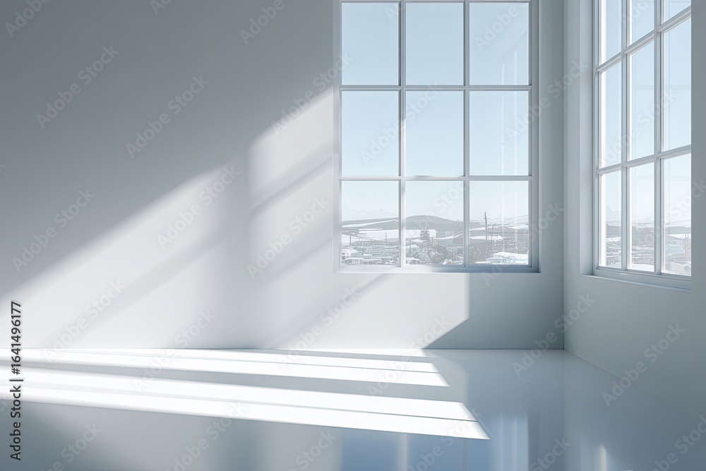 Obraz premium Empty, bright room with large window overlooking a cityscape. Sunlight streams in, casting shadows on the white floor and walls
