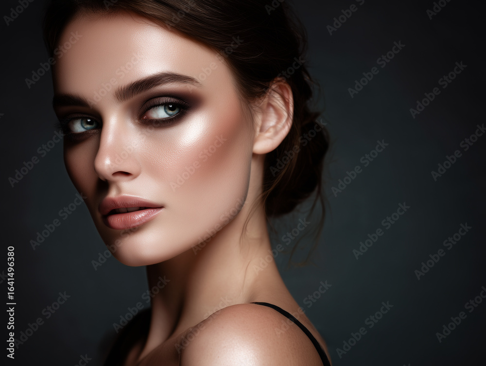 Beauty Portrait of a Woman with Smoky Eye Makeup and Glowing Skin
Beauty Portrait of a Woman with Smoky Eye Makeup and Glowing Skin