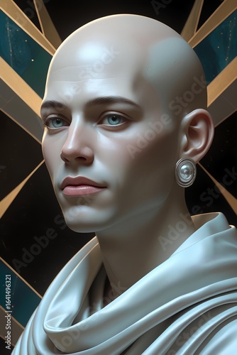 An androgynous being of alabaster and serene gaze, forever framed in silent, gilded geometry — exploring the tension between the eternal,statuesque form and the fleeting spark of a soul captive inside