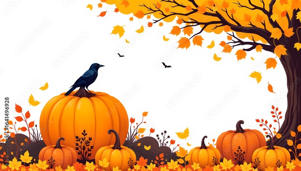 custom made wallpaper toronto digitalA whimsical autumnal scene featuring two large pumpkins flanking an ornamental tree with a single bird perched at its peak, surrounded by falling leaves under a sky filled with trees in autumn hues.