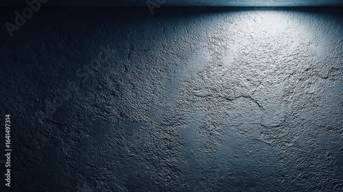 Dramatic spotlight illuminates a textured, dark grey stone wall for creative background or overlay use