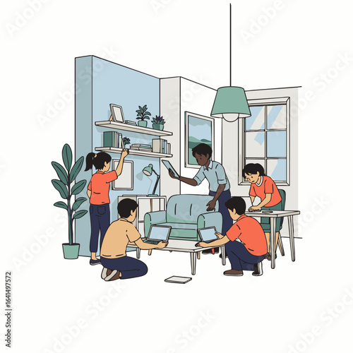 A vibrant group of diverse young people actively collaborates on laptops and tablets while organizing their modern, bright living area, promoting shared productivity.