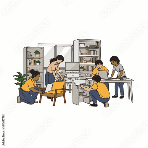 A diverse group of colleagues collaborates to efficiently set up and organize their new office space, demonstrating effective teamwork and productivity.