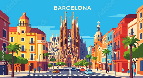 flat style picturesque illustration of the vibrant Barcelona cityscape featuring the iconic Sagrada Familia amidst colorful buildings and palm trees along a bustling street