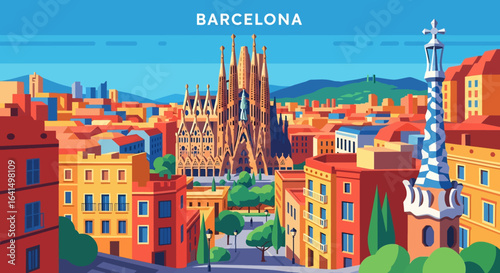 flat style picturesque illustration of the vibrant Barcelona cityscape featuring the iconic Sagrada Familia amidst colorful buildings and palm trees along a bustling street