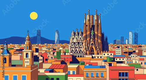 flat style picturesque illustration of the vibrant Barcelona cityscape featuring the iconic Sagrada Familia amidst colorful buildings and palm trees along a bustling street