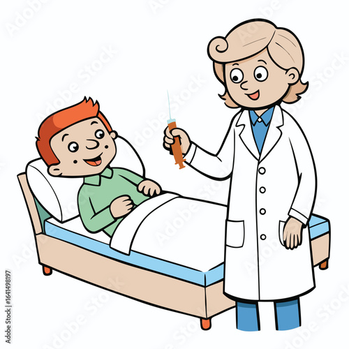 Doctor examines and gives injection to patient with fever and high temperature cartoon vector file