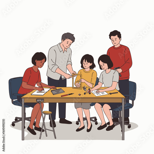 A diverse group of students and instructors collaborate on an educational project, fostering teamwork and innovation in a workshop setting.