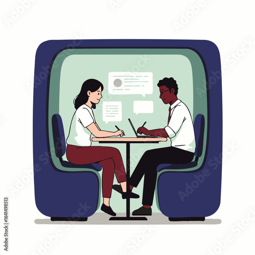 Diverse professionals collaborate in a modern, soundproof office pod, symbolizing focused productivity and private communication within a contemporary work environment.