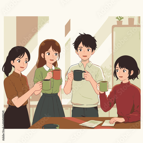 Four diverse young adults enjoy a relaxed coffee break, engaging in friendly conversation and fostering collaborative ideas in a bright, modern office environment.