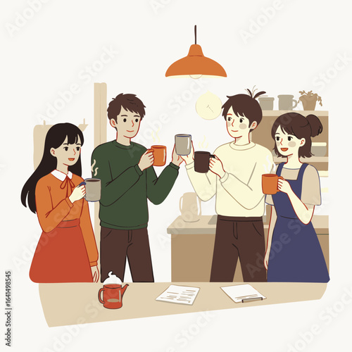 Four diverse young adults enjoy a relaxed social gathering, sharing warm beverages and engaging in friendly conversation in a cozy, modern setting, fostering connection.