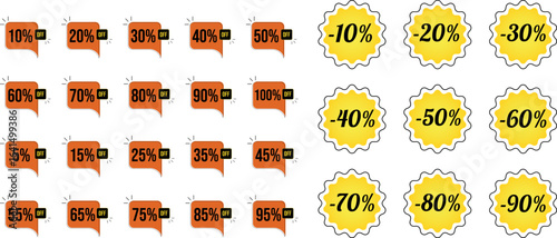 Set of percentage numbers from 10 to 100 percent off, vector and transparent PNG for shopping discount, sale, and promotion design.