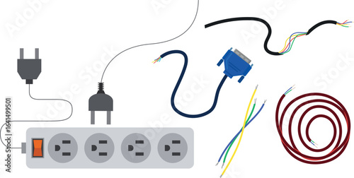 Electrical cable with plug and socket arranged in sine wave shape, vector illustration on transparent background for technology and power design.