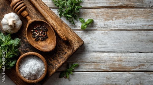 Garlic pepper and salt with herbs on a wooden surface top