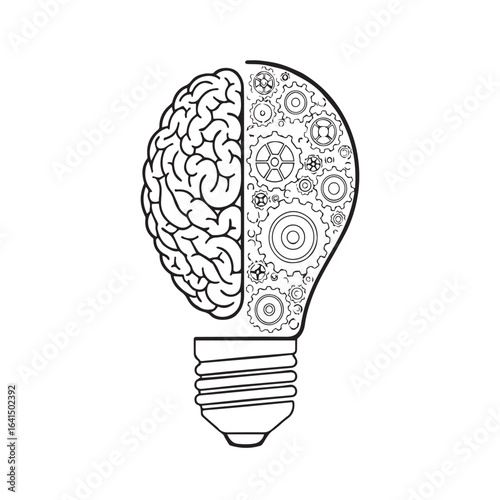 Vector Illustration of Brain and Gear Light Bulb – Symbol of Human Intelligence and Technological Innovation