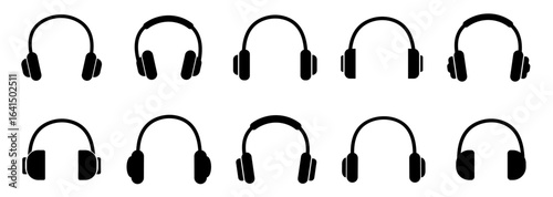 Headphones icon. Black headphones icon collection. Set of music headphones icons. headphone with microphone.  Vector headphone icons