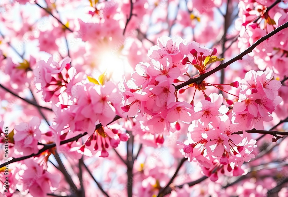 Fototapeta premium Pink cherry blossoms in full bloom on branches, sunlight filtering through petals, botanical, sunlight