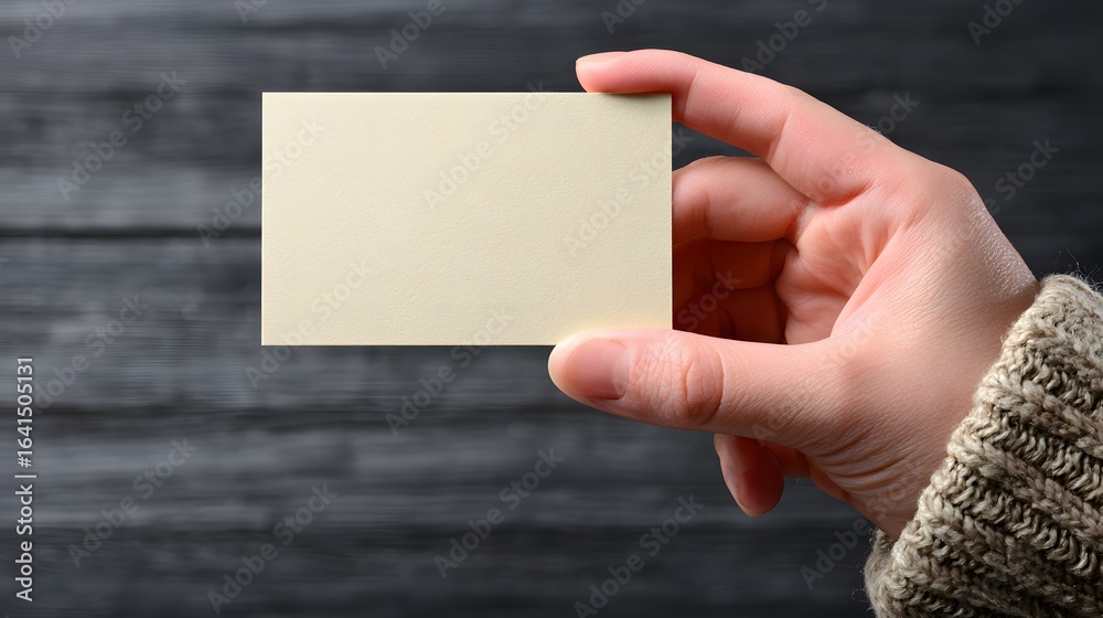 Obraz premium Hand holding a blank business card against a dark wooden background.
