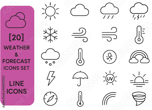 Comprehensive Weather Forecast Icon Set with Line Style Vector Elements Representing Various Meteorological Conditions and Natural Phenomena