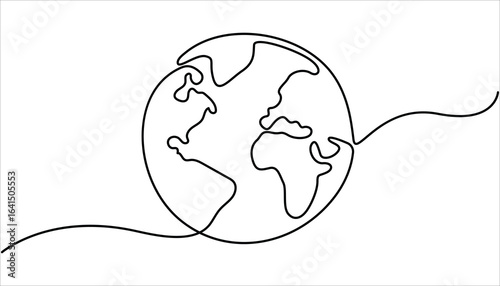 Continuous one line art drawing of earth planet, Globe, geography vector outline, Globe in one line style, World map with curve line. Linear globe symbol. 