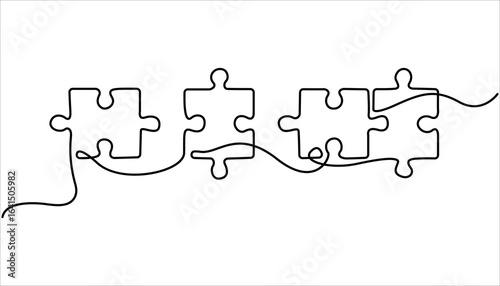 Continuous line drawing of puzzle game jigsaw design vector, Puzzle design continuous single line art drawing of vector illustration, One line drawing of puzzle pieces for ideas, Vector illustration.