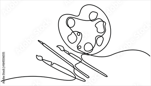 one line art palette and brush vector icon. single line, one continuous line, simple, hand drawn and sketch style. One Continuous Line Drawing of Art Class Icon. Single Line Vector Illustration.