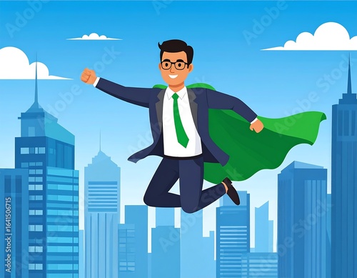Cartoon illustration of a superhero businessman flying over a cityscape