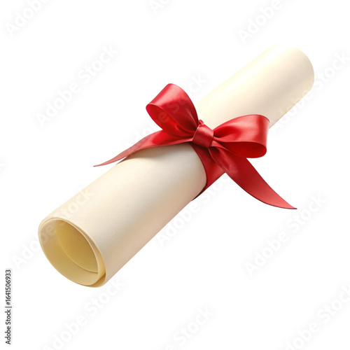 White diploma or certificate scroll with red ribbon on black background
