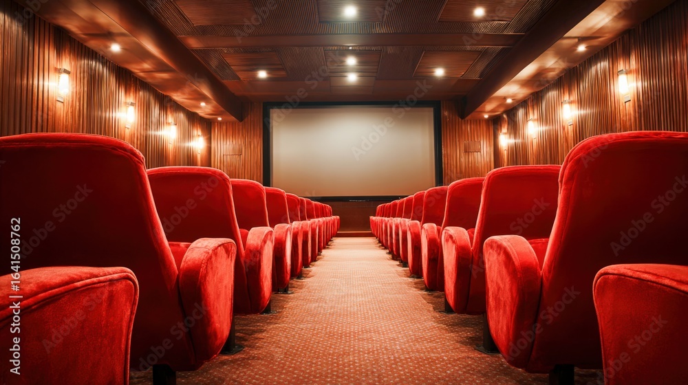 Fototapeta premium Empty vintage movie theater with red velvet seats and blank screen ready for screening