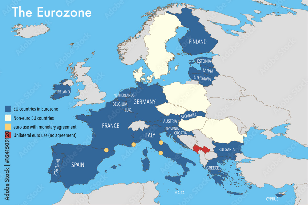 Fototapeta premium Eurozone Map as of 1 January 2026 – Countries Using the Euro Currency