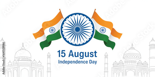 India Independence Day illustration with Ashoka Chakra, dual flags, “15 August” text, and iconic monument silhouettes in background