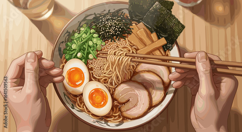 Eating ramen with chopsticks