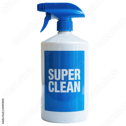 White Spray Bottle with Blue 'Super Clean' Label on a Transparent Background for Cleaning Product Mockups and Advertising Materials