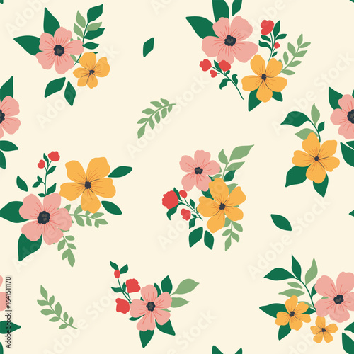 Seamless floral pattern, liberty ditsy print of simple cute bouquets. Pretty botanical design tile of small hand drawn flowers, leaves, colorful floral arrangements on light field. Vector illustration