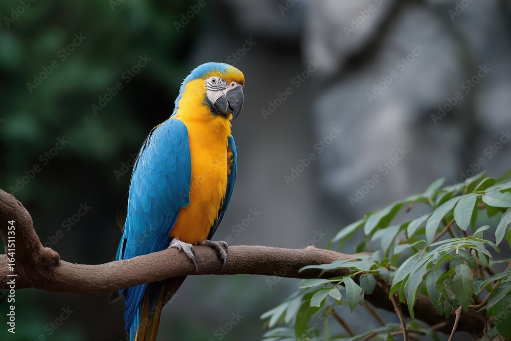Obraz premium Colorful blue and yellow macaw perched on a branch in lush greenery