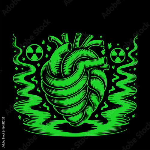 A vibrant green anatomical heart surrounded by toxic smoke and radioactivity symbols.