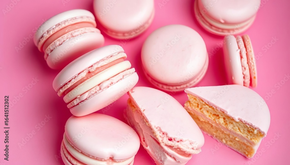 Fototapeta premium Delicate pastel pink macarons & cake slices on a pink background, artistic, candy