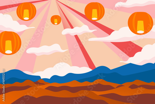 Vibrant landscape illustration with glowing lanterns, clouds, and radiant beams of light creating a warm, inviting atmosphere perfect for celebrations and festive designs